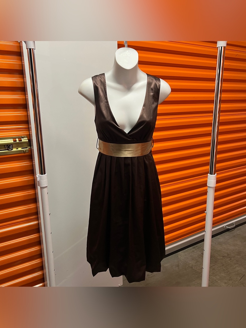 Forever 21 Metallic Brown Satin V-Neck Midi Dress with Gold Waistband